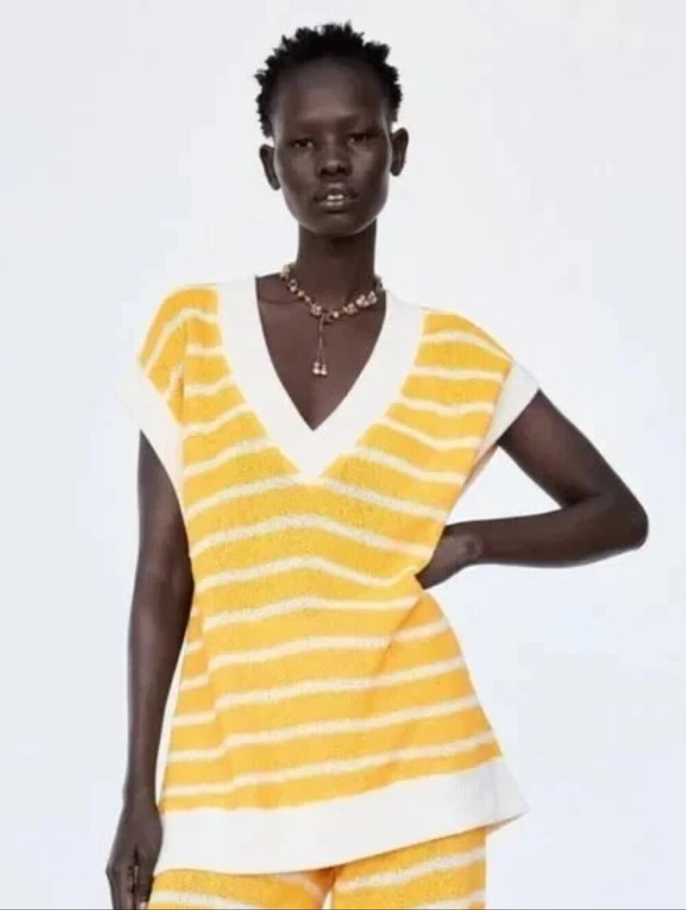 Zara Yellow and White Striped V-Neck Sweater Vest